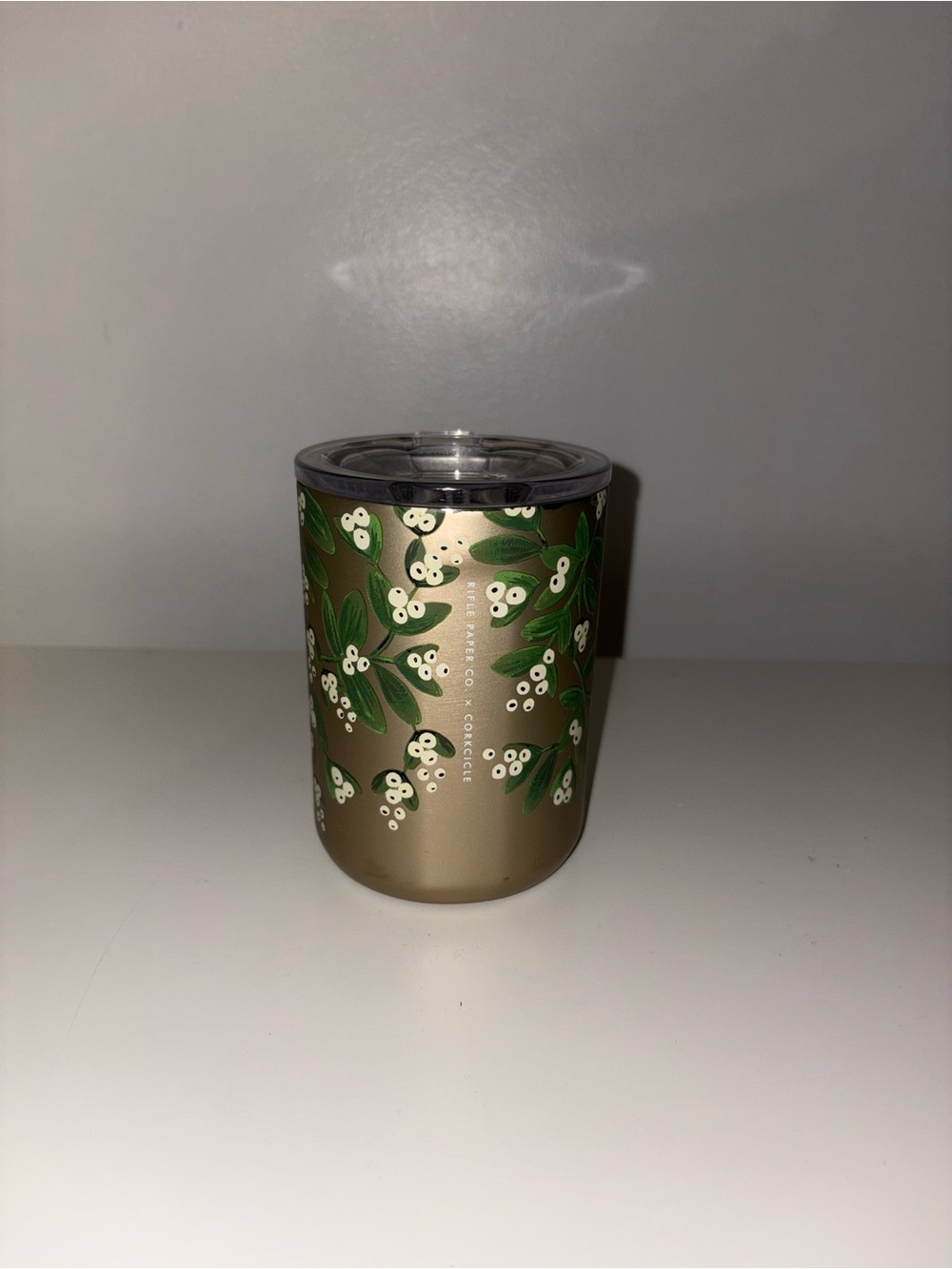 Rifle Paper X Corkcicle Gold Tumbler with Green Leaf & White Berry Print